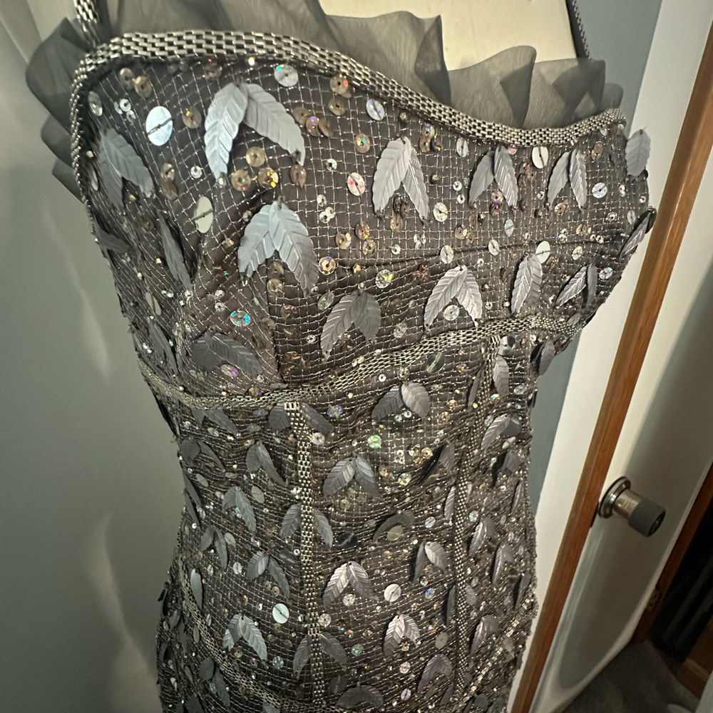 Vintage MANDALAY Gunmetal Beaded Corset Leaf Embellished Midi Dress S/M - Picture 12 of 16